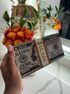 Embellished Money Print Crystal Clutch - Silver & Gold